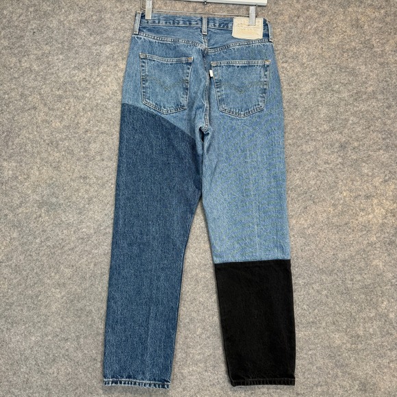 Levi's 501 Patchwork Jeans Womens 27x28 Button Big E Colorblock Blue Black White - Picture 10 of 16